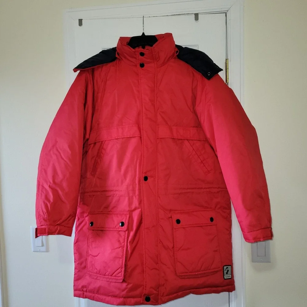 Vintage Overcast Red Down Filled‎ Parka Jacket Detachable Hood Mens XL AS IS